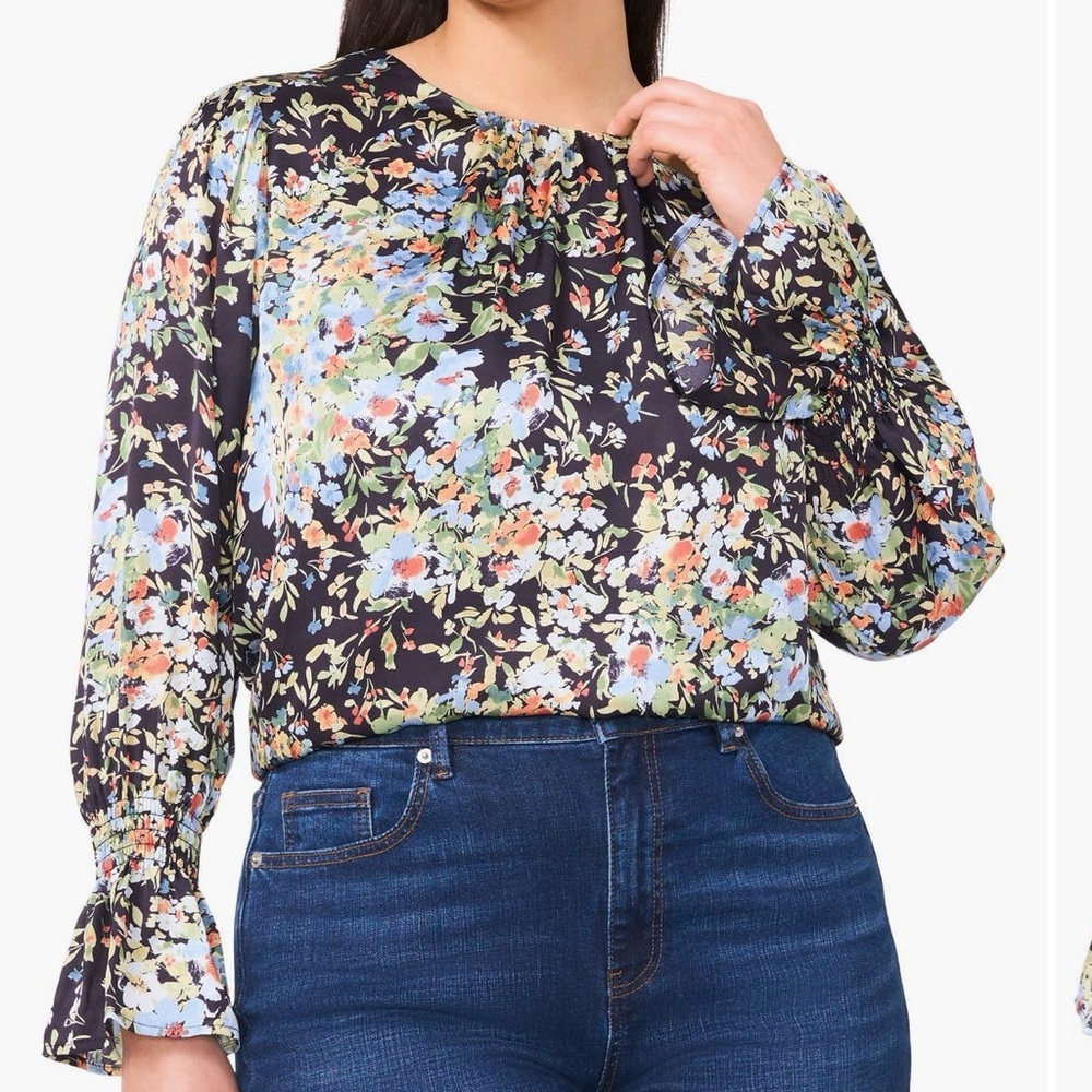 CeCe, ruffle cuff floral top